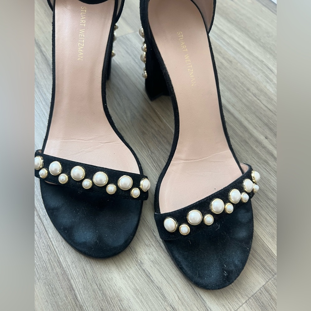 Stuart Weitzman “More Pearl” Black Suede Block Heel Size 9 - Picture 4 of 5